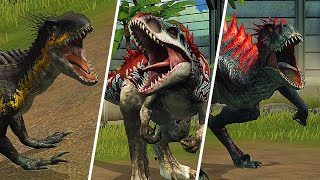 Scorpius rex vs Indoraptor vs Indominus rex Fight  Who is Most Powerful   Jurassic World The Game [upl. by Segroeg]