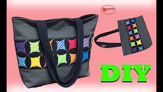 MAKING TOTE BAG WITH CIRCLES SHAPES TUTORIAL  PATCHWORK TOTE BAG SEWING [upl. by Rilda420]