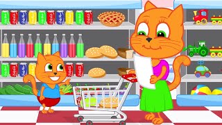 Cats Family in English  Shopping in the store Cartoon for Kids [upl. by Anilef224]