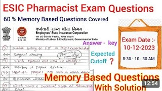 ESIC Pharmacist Exam Paper solution answer key 2023 10 December answer key kab aaegi result update [upl. by Pufahl]