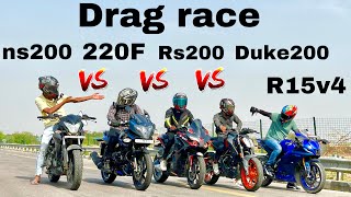 Pulsar 220f 2024 vs Ns200 vs rs200 vs duke200 vs r15v4 drag race yamaha ktm duke bajaj ns200 [upl. by Hannad]