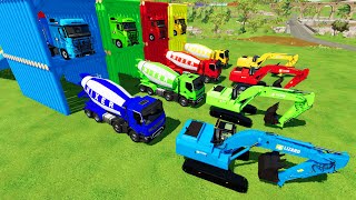 TRANSPORTING COLORED MIXER CEMENT TRUCKCOLORED EXCAVATOR TO GARAGE WITH TRUCK [upl. by Eidaj]