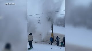 Burst pipe at ski resort unleashes a torrent of frozen water on unsuspecting skiers snowboarders [upl. by Gorden]