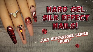 HARD GEL quotENCAPSULATED SILKquot EFFECT NAILS  RUBY JULY BIRTHSTONE SERIES [upl. by Irotal]