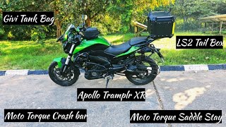 Dominar 400  Moto Torque Crash Bars saddle Stay LS2 45l top Box Givi Tank Bag Apollo Tramplr XR [upl. by Pronty]