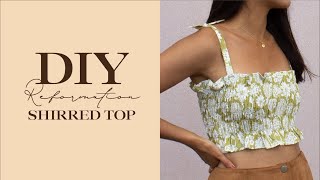 DIY shirred crop top  Reformation inspired smocked fabric tutorial  Sewing tutorial tie straps [upl. by Dloreg]