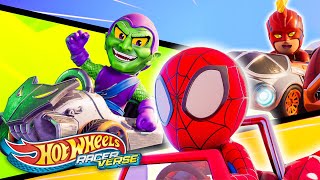 SpiderMan Car and Captain Marvel Car Race vs Green Goblin Car  Hot Wheels RacerVerse [upl. by Adiari]