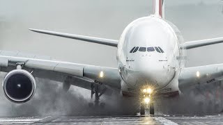 AIRBUS A380 LANDING ON A WET RUNWAY  BOEING 757 smokey CROSSWIND LANDING 4K [upl. by Romine327]