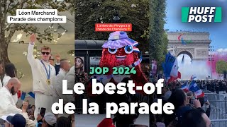 Phryge Léon Marchand et bonne ambiance  le bestof des Jeux à la parade des champions [upl. by Fraya]