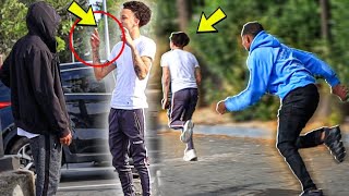 Throwing Up Fake Gang Signs In The HOOD Prank Got CRAZY [upl. by Tnias]