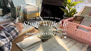 3HR STUDY WITH ME ☕️🪵 crackling fireplace  pomodoro 5010 🎹 with calm piano break [upl. by Nohtan]