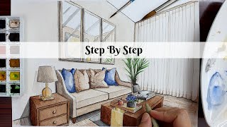 How to Draw A Living Room in Two Point Perspective  Step By Step [upl. by Akila]