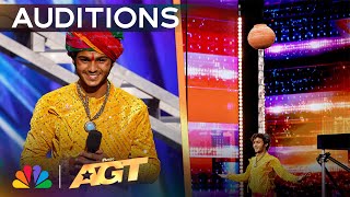 Praveen Prajapat DEFIES GRAVITY By Balancing Objects On His Head  Auditions  AGT 2024 [upl. by Joktan841]