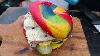 London Rainbow Bagel with Salty Beef Traditional Street Food Tasted in Broadway Market [upl. by Anoj]