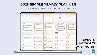 2025 Simple Yearly Planner Events Birthdays amp Daily Notes  Google Sheets Template [upl. by Ardni]