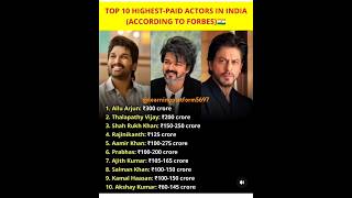 This list highlights the top 10highestpaid actors in India according to Forbes AlluArjun leads [upl. by Ylahtan]