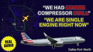 Severe engine compressor stall on takeoff American Airbus A321 returns to Dallas Real ATC [upl. by Bell]