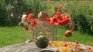 Rubber bands vs Water Melon  The Slow Mo Guys [upl. by Aihsenot678]