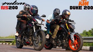 KTM Duke 200 vs Bajaj NS200 with Pillion Drag Race  Loaded Battle [upl. by Ragse]