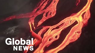 La Palma volcano Drone video shows intricacies of massive lava streams as eruption enters 7th week [upl. by Aihsot]