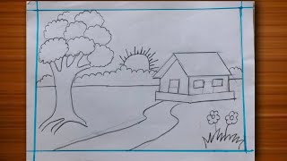 How to Draw an easy Scenery for Beginners  Easy Village Scenery Drawing [upl. by Schmeltzer]