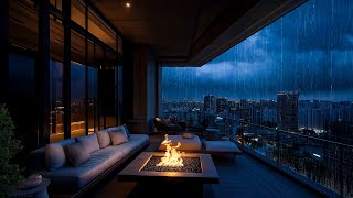 Rainy Apartment Balcony City View  Thunder and Rain Fireplace Sound for Deep Sleep Relaxation [upl. by Haman]