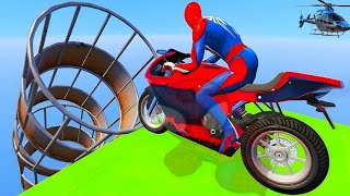 SpiderMan MOTORCYCLE Super Mega Ramp Challenge Stunt Racing Spiderman in GTA V🏎️ [upl. by Arabrab539]