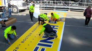 Boston Marathon finish line placed across Boylston Street [upl. by Alliuqaj]