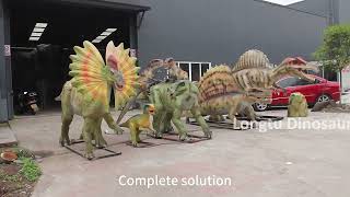 All kinds of animatronic dinosaurs  dilophosaurus fighting dinosaur group Dimetrodon Spinosaurus [upl. by Adnar]