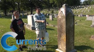 Brushing Up On History Father and Son Clean Headstones at Catholic Cemetery [upl. by Ainehta917]