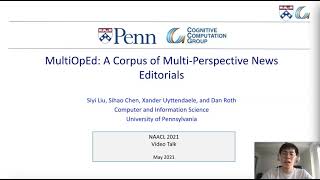 NAACL 2021 presentation MultiOpEd A Corpus of MultiPerspective News Editorials [upl. by Yahska]