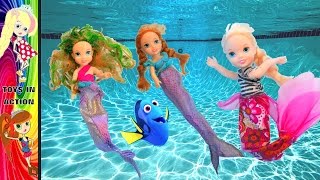 Anna and Elsa Toddlers Swimming Pool Are Mermaids 2 Octopus  Ariel  Dory Barbie Toys In Action [upl. by Orlando]