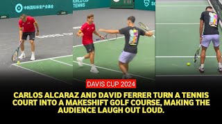 Davis Cup 2024 Highlights Carlos Alcaraz tries golf on tennis court with David Ferrer [upl. by Uhile]