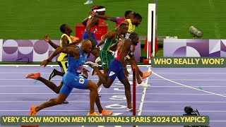 VERY SLOW MOTION MEN 100M FINALS PARIS 2024 OLYMPICS  WHO REALLY WON [upl. by Lebna744]