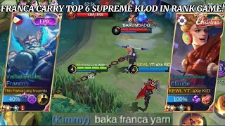 FRANCA CARRY TOP 6 SUPREME KLOD IN RANK GAME SKIN GIVEAWAY WINNER AT THE END  MLBB [upl. by Artemus]