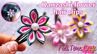 DIY kanzashi flower hair clips  ribbon flower tutorial  diy hair clips hair accessories for girls [upl. by Fogel160]