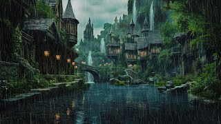 Calm Scenery with Rain Light Thunder beside River and Waterfall in Medieval  Sleep Relax [upl. by Ahsimal]