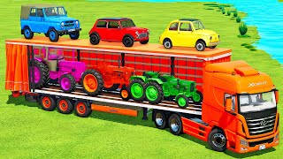 TRANSPORT PORSCHE amp URSUS TRACTORS amp JEEP 4x4 amp MINI COOPER CARS vs RAMPS amp HYUNDAI TRUCK  FS22 [upl. by Avra]