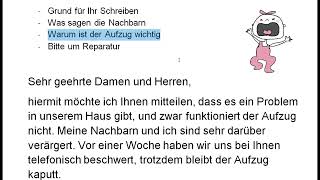 Brief B1 DTZ Aufzug kaputt Brief schreiben an den Hausmeister  Hausverwaltung Beschwerde [upl. by Kenlee867]