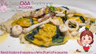 Ravioli bicolore di seppia su crema di carciofi e pecorino [upl. by Yarb]