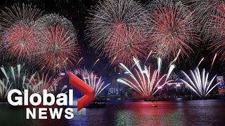 New Years 2019 Hong Kongs Victoria Harbour lit up by spectacular display [upl. by Laing]