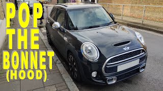 How to pop the bonnet  hood Mini Hatch Cooper S F55 F56 2013 2014 2015 2016 2017 2018 2019 2020 [upl. by Lunna]