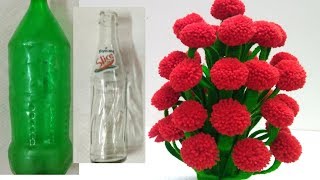 Make Woolen Flower Pot  Woolen Craft  How to Make Yarn Flowers  Vase Of Plastic Bottle [upl. by Hasan]