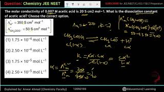 The molar conductivity of 0007 M acetic acid is 20S cm2 mol–1 What is the dissociation constant of [upl. by Noiek]