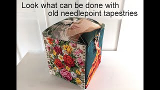 Upholstery with vintage Needlepoint Tapestries  Quick simple no sewing covering an old stool [upl. by Kopple]