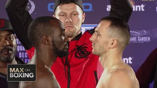 Crawford vs Mean Machine Teofimo Lopez vs Richard Commey weighins amp staredowns  Top Rank Boxing [upl. by Bremser]