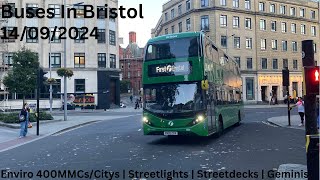 Buses In Bristol  14092024  Enviro400MMCsCitys Streetlights Streetdecks Geminis [upl. by Juline]