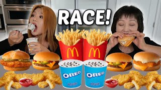 MCDONALDS RACE EATING COMPETITION OREO MCFLURRY CHEESEBURGERS CHICKEN MCNUGGETS FRIES 먹방 [upl. by Laing744]