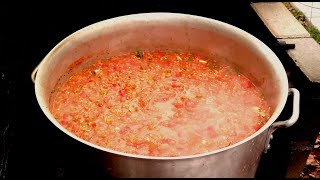 SPAGHETTI SAUCE 🍝 HUGE quantity cooked over the FIRE spaghettisauce [upl. by Esinrahc427]