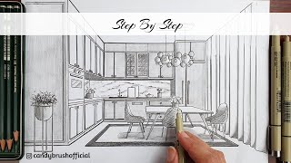 How to Draw A Kitchen in One Point Perspective  Step By Step [upl. by Artamas]